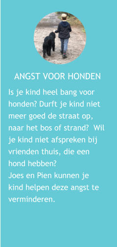 ANGST VOOR HONDEN Is je kind heel bang voor honden? Durft je kind niet meer goed de straat op, naar het bos of strand?  Wil je kind niet afspreken bij vrienden thuis, die een hond hebben?  Joes en Pien kunnen je kind helpen deze angst te verminderen.