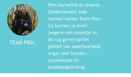 Pien Garvelink en zwarte Goldendoodle Joes vormen samen Team Pien. Zij kunnen je kind/ jongere een steuntje in de rug geven op het gebied van weerbaarheid, angst voor honden, studiekeuze en studiebegeleiding.                                   TEAM PIEN